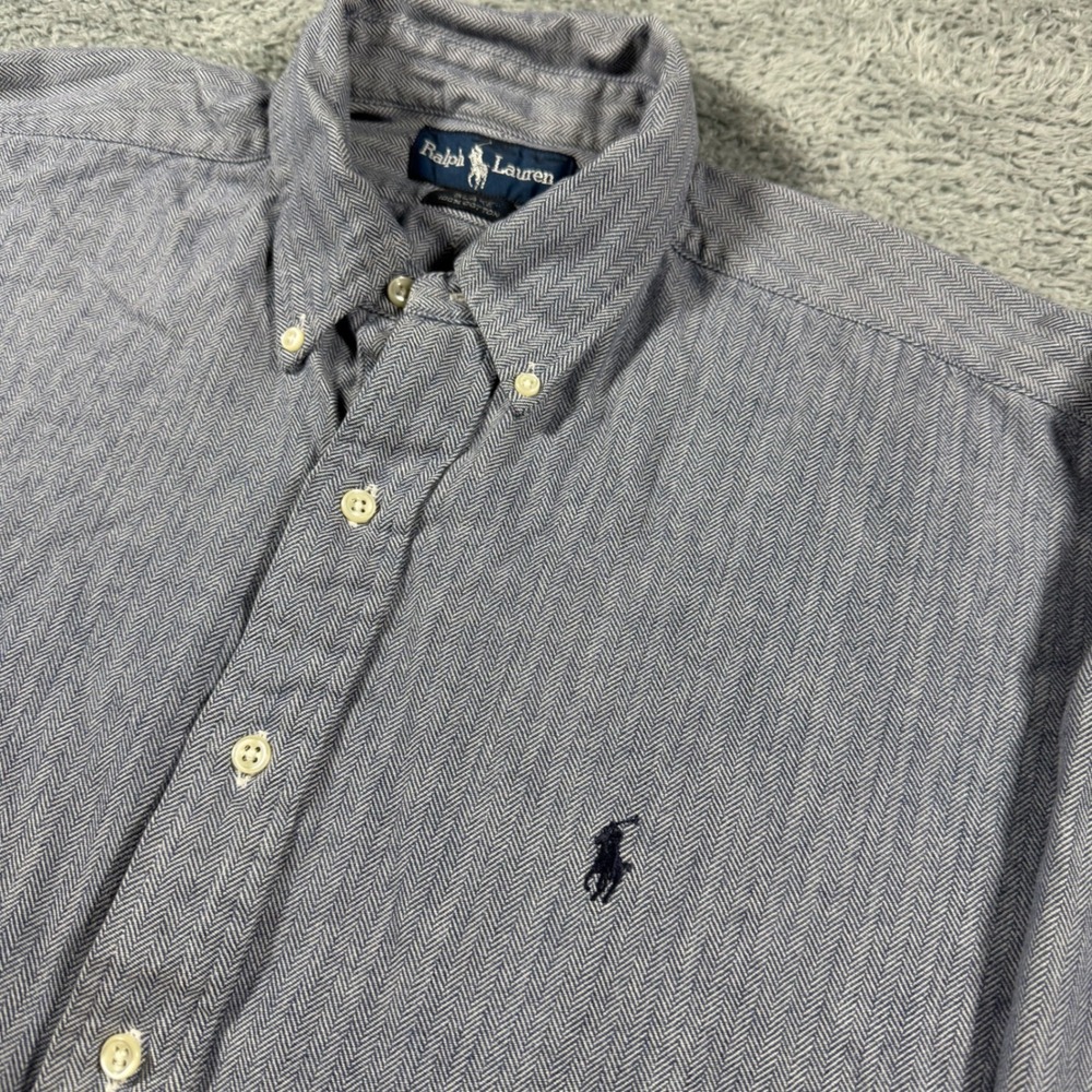 Polo Ralph Lauren Button Down Mens L Grey Herringbone Blake Cotton Long Sleeve
